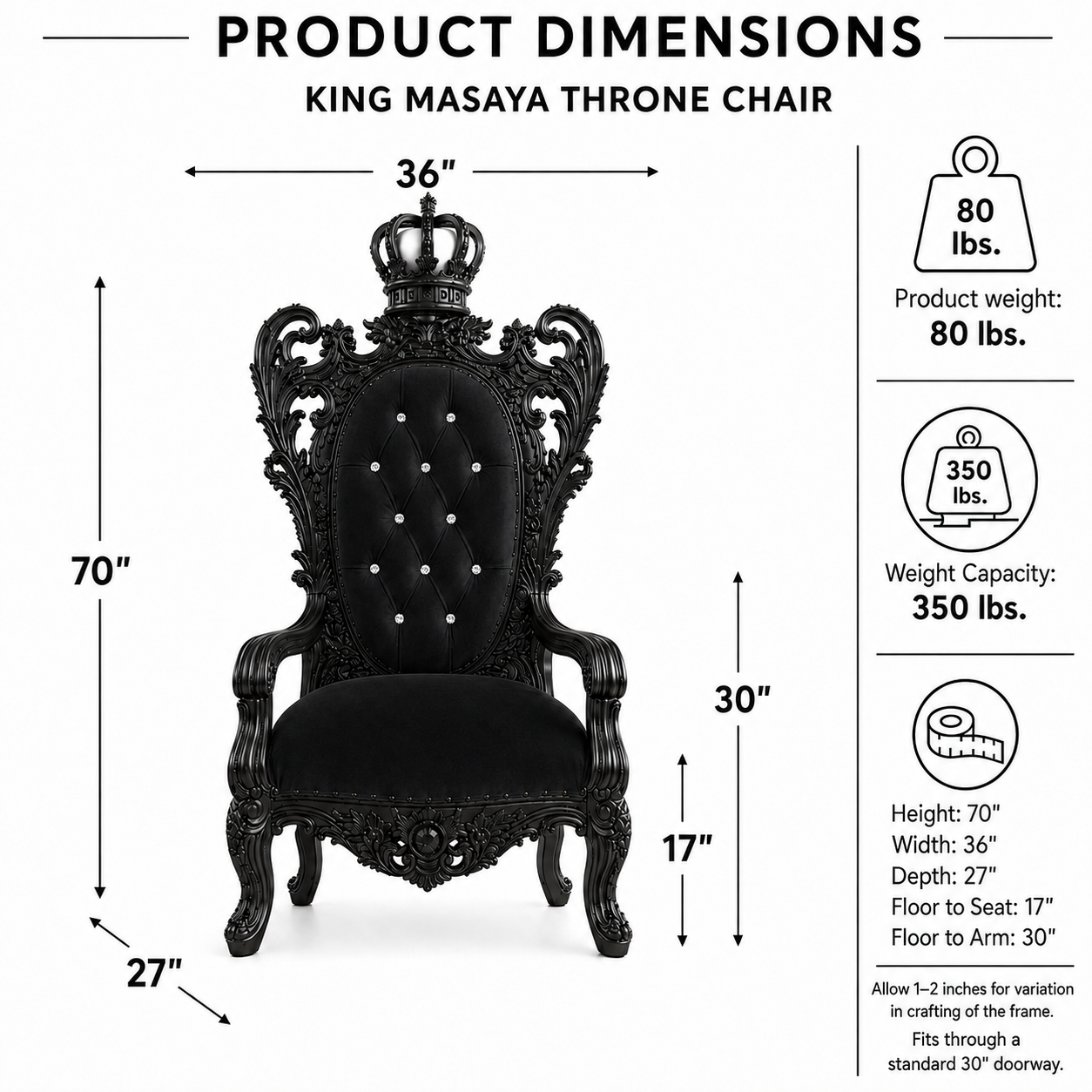 Product dimensions diagram for a King Masaya throne chair, showing the chair centered with measurement arrows and weight capacity details on a white background.