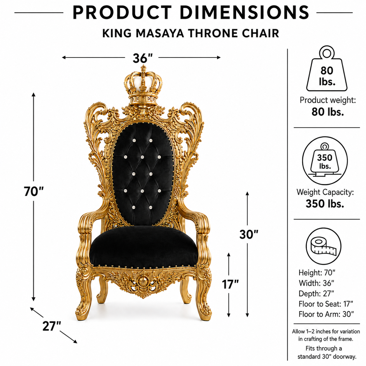 King Masaya throne chair product dimensions diagram on a white background, showing the chair with labeled measurements for height, width, and depth, plus weight and weight capacity information on the right.