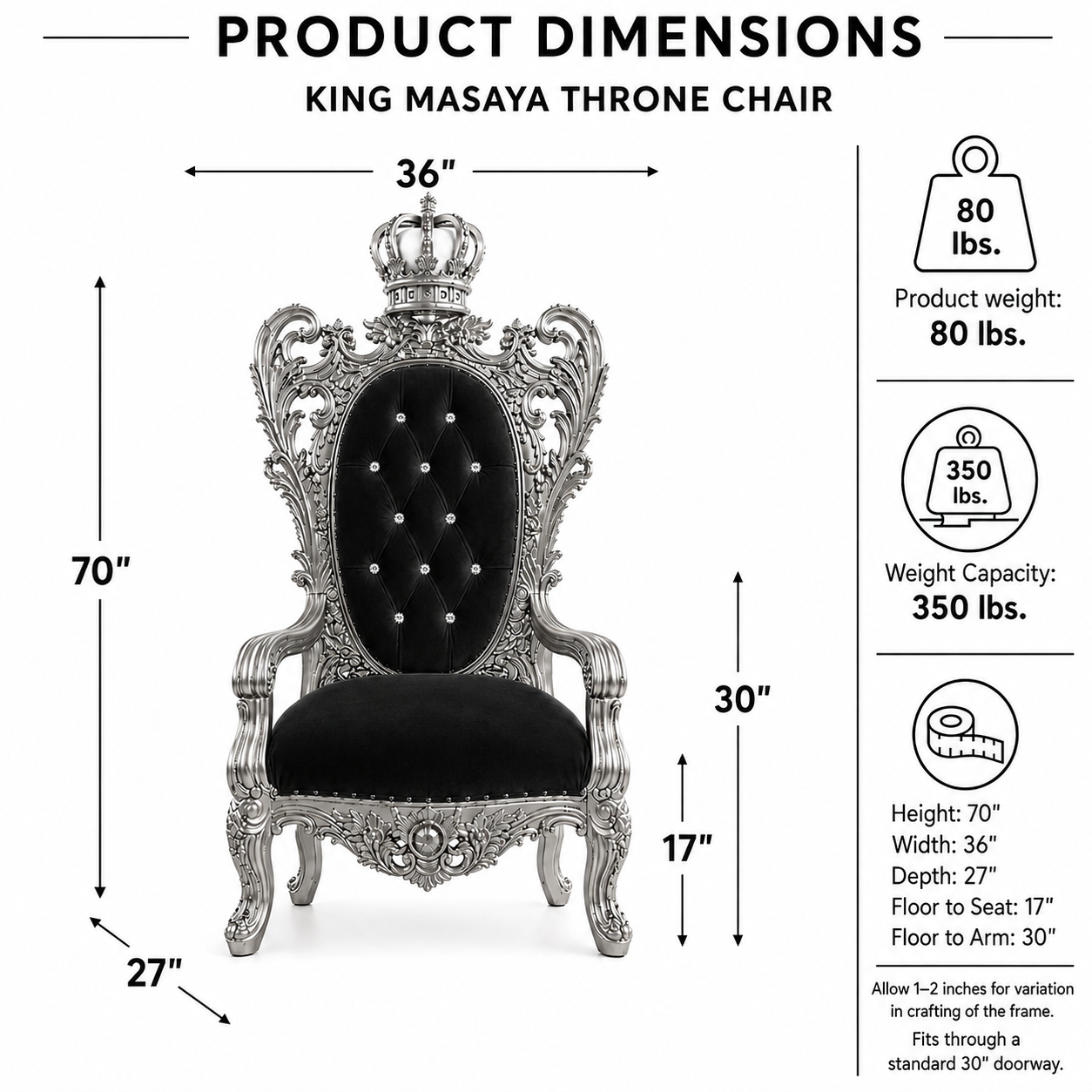 Product dimensions diagram for a King Masaya throne chair, showing the chair centered with labeled measurements for width, height, and depth, plus weight and weight capacity information on a white background.