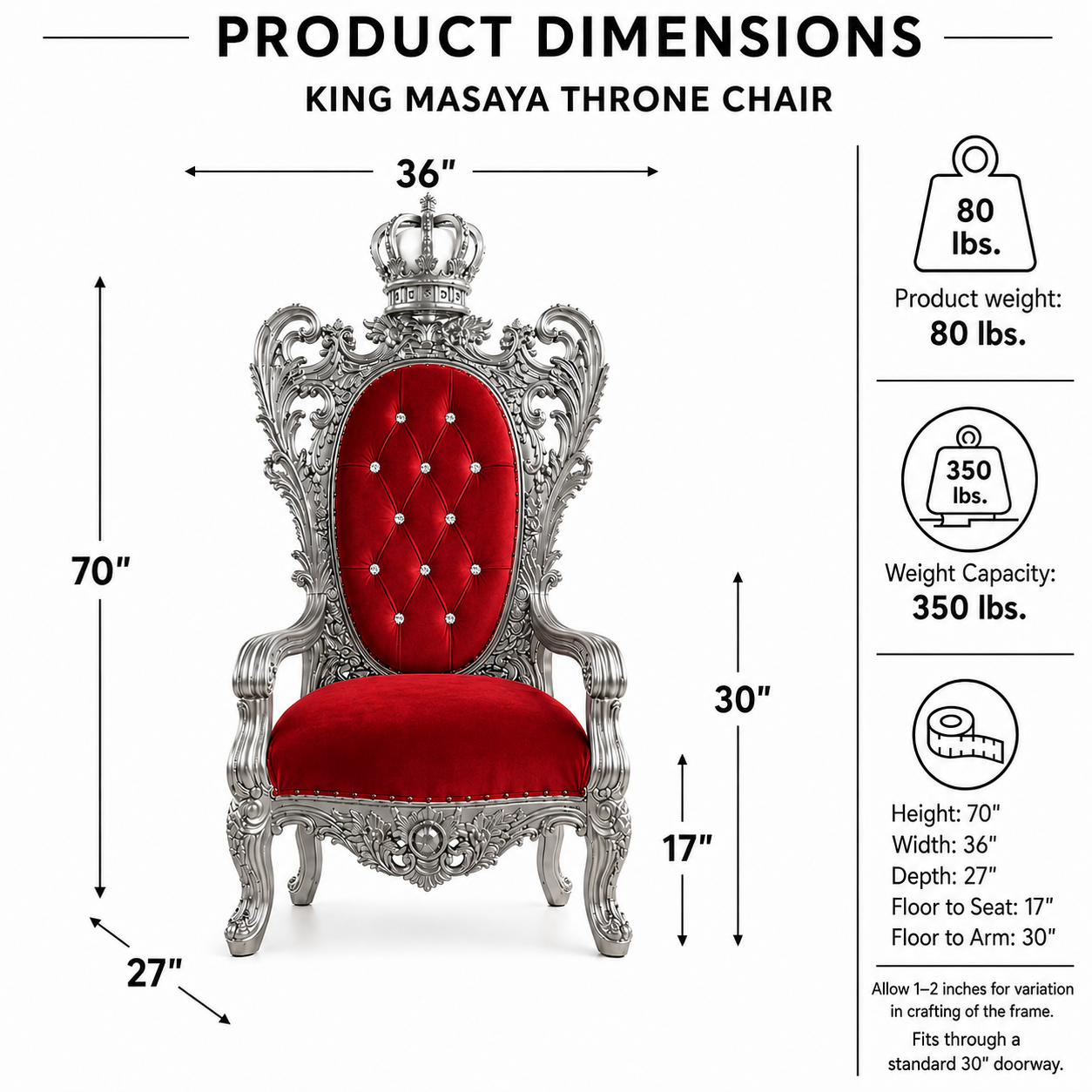 King Masaya throne chair with dimension labels showing 36" width, 70" height, 27" leg depth, 30" back height, and 17" seat height, alongside product weight and weight capacity information on a white background.