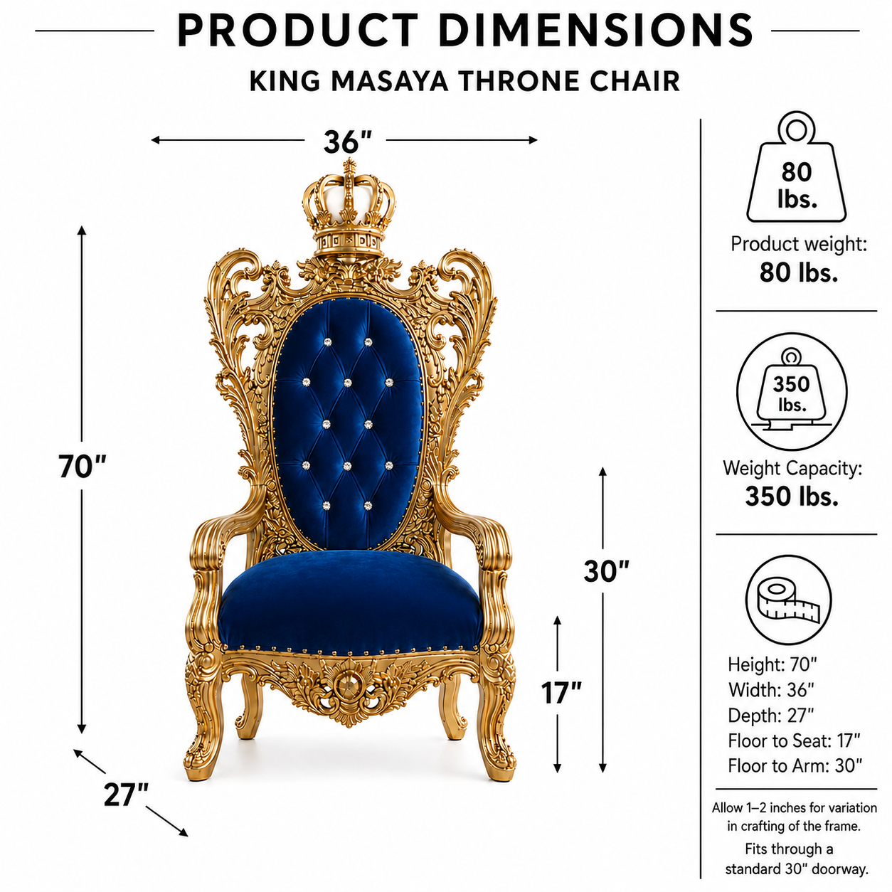 King Masaya throne chair with dimension annotations showing 36" width, 70" height, and 27" depth, alongside product weight and weight capacity information on a white background.