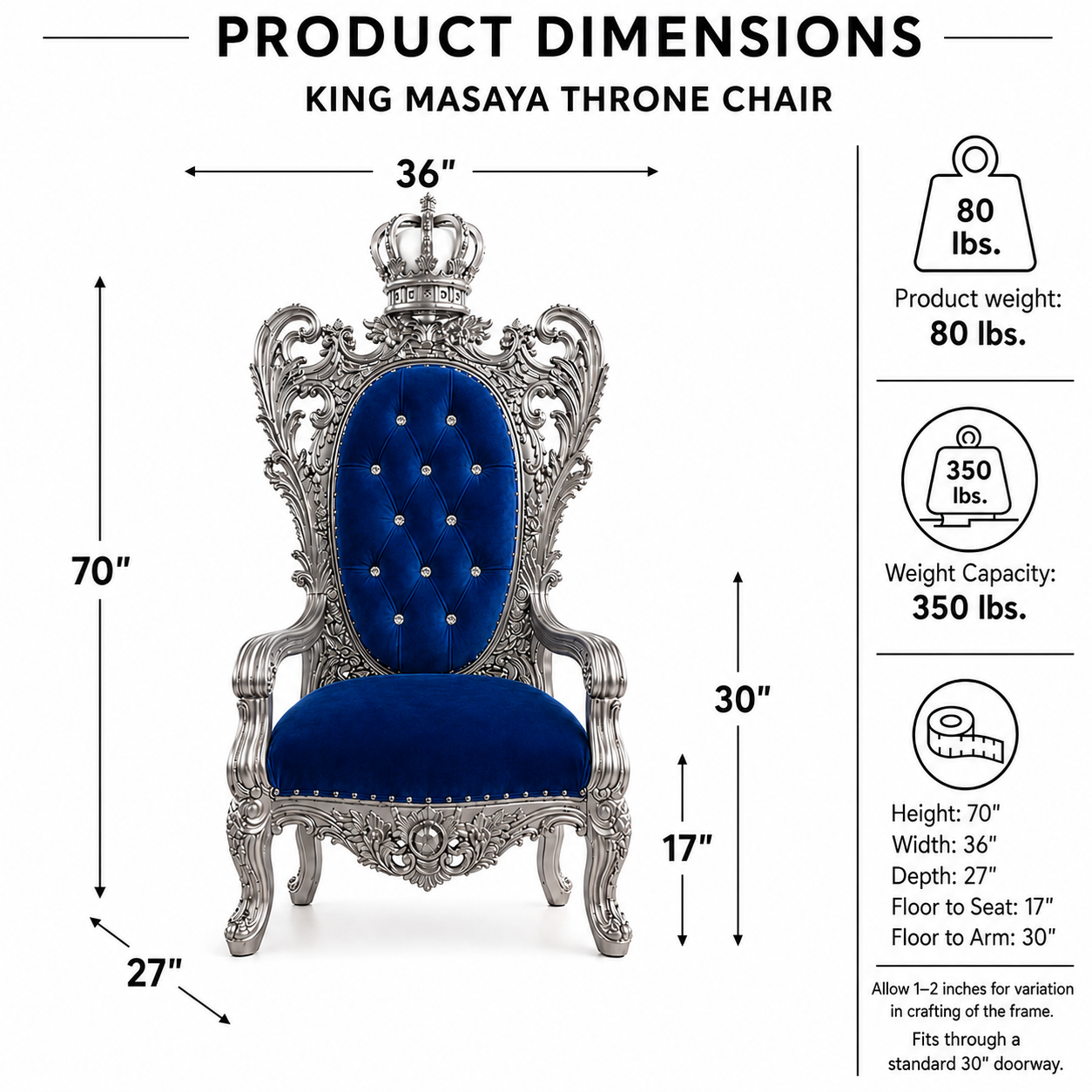 King Masaya throne chair product dimensions diagram on a white background, showing a silver ornate throne chair with a blue tufted velvet seat and backrest, along with weight and size measurements and capacity icons.