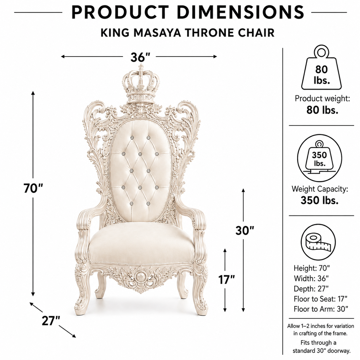 Product dimensions diagram for a King Masaya throne chair, showing the chair centered with labeled measurements for width, height, and depth, plus weight and weight capacity information on a white background.