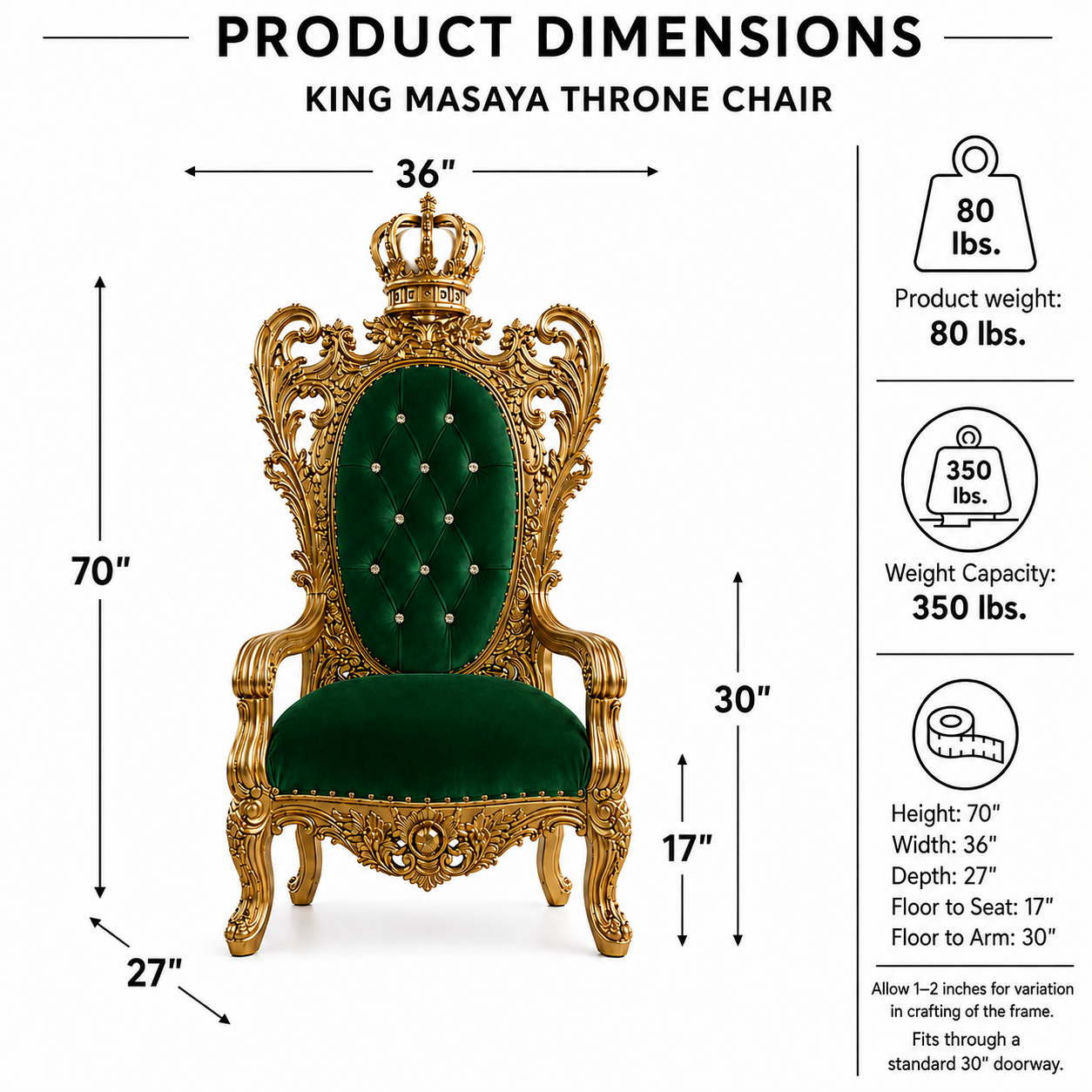 Product dimensions diagram for a King Masaya throne chair, showing a gold ornate frame and green tufted seat/backrest with measurement lines and weight capacity details on a white background.