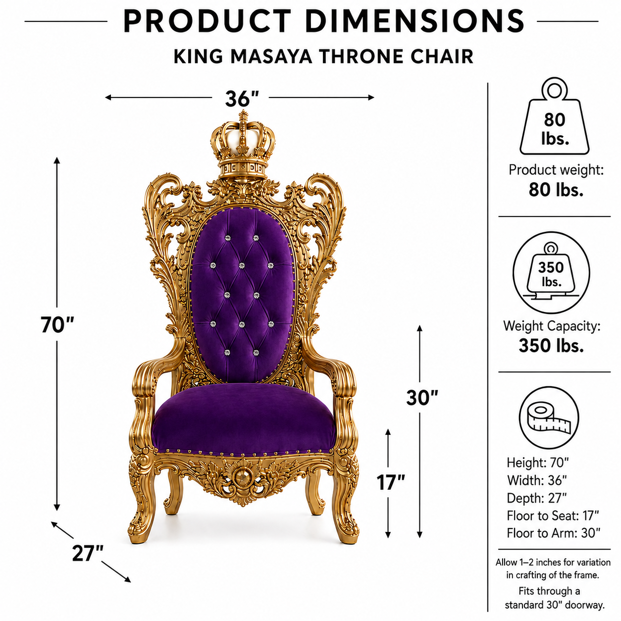 King Masaya throne chair with product dimensions and weight information on a white background. The chair has an ornate gold frame and a purple tufted velvet seat and backrest with silver rhinestone accents.