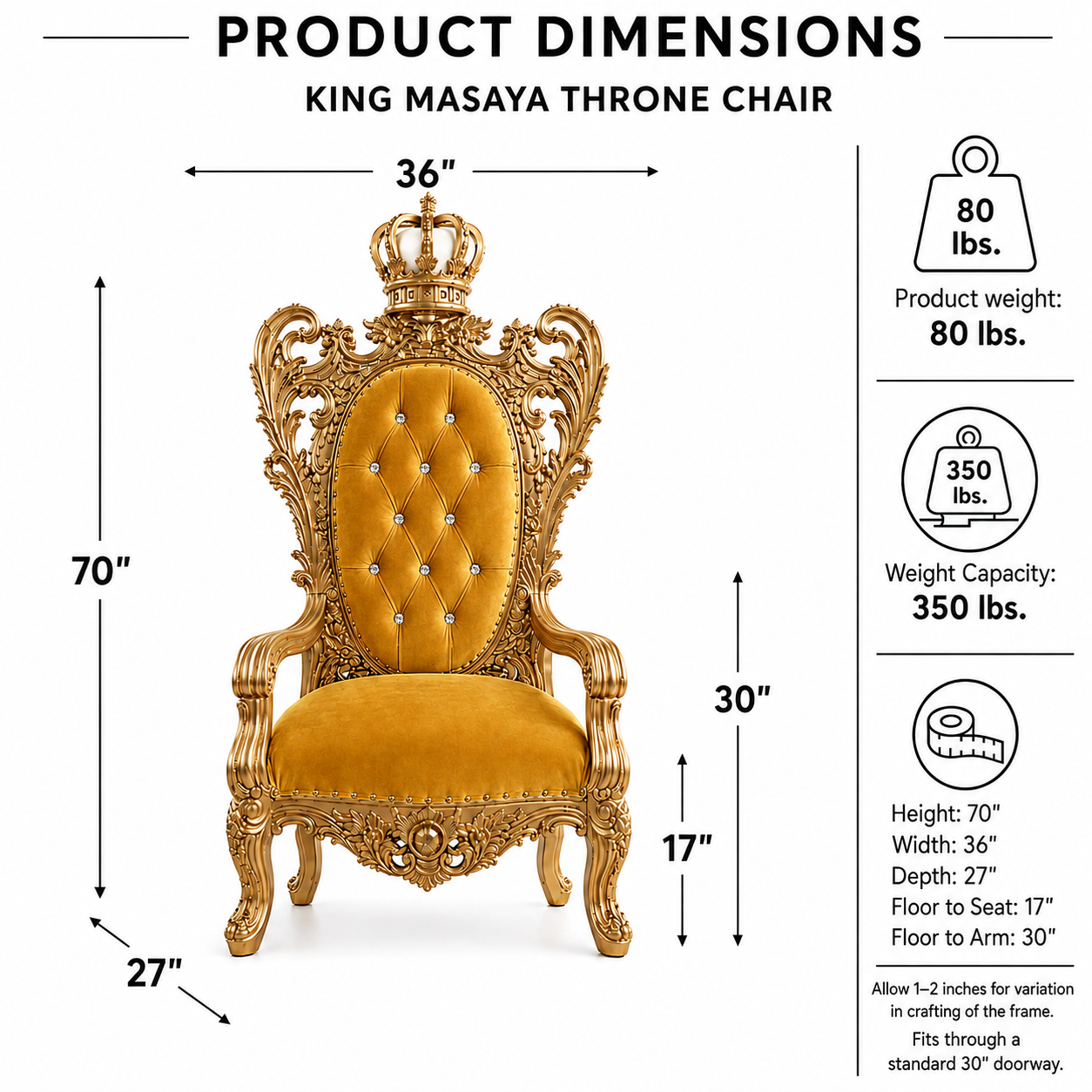King Masaya throne chair product dimensions diagram on a white background, showing the chair with measurement arrows and weight capacity information.