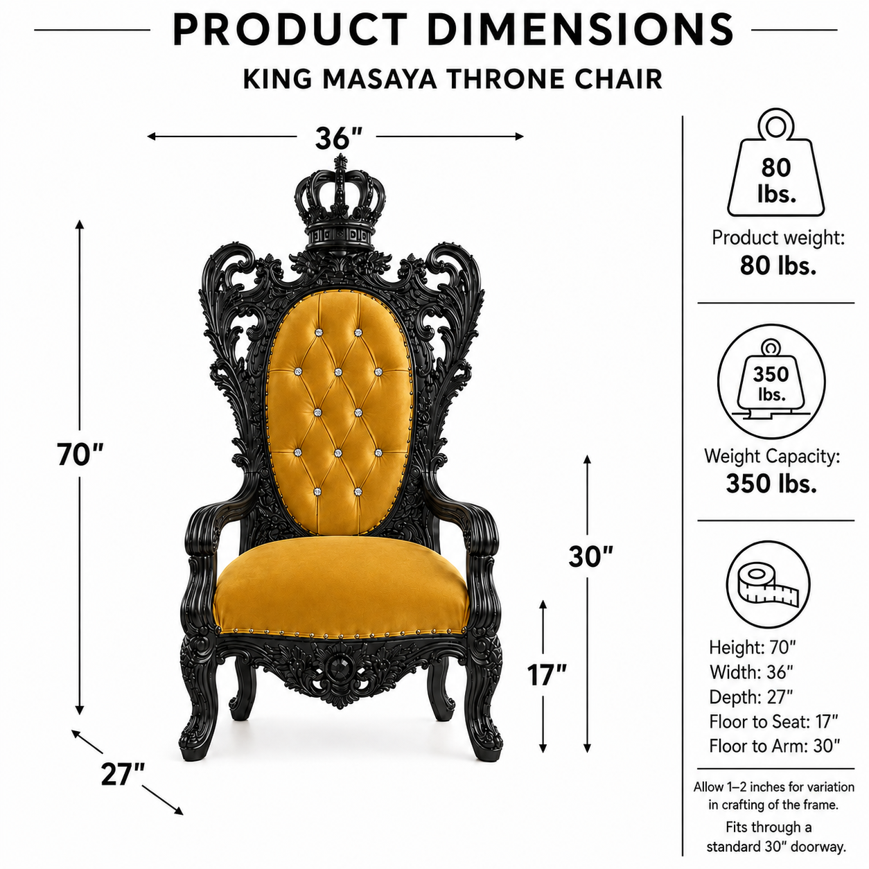 King Masaya throne chair product dimensions diagram on a white background, showing a black ornate throne chair with mustard yellow tufted upholstery. The image includes labeled measurements for height, width, and depth, plus weight and weight capacity icons and text.