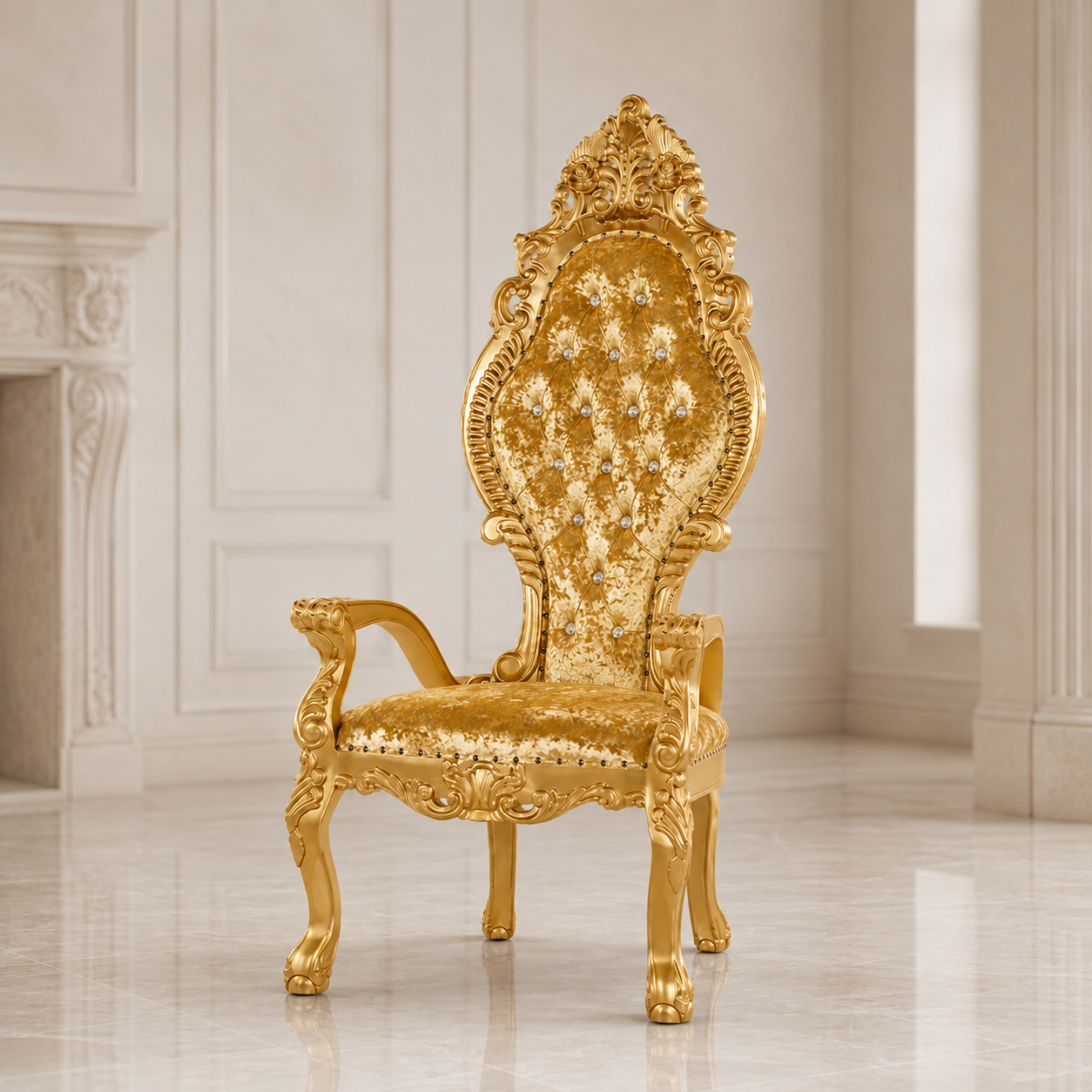 An ornate gold armchair with a high tufted backrest, carved details, and plush upholstery, set in a bright, elegant room with cream walls and a marble floor.