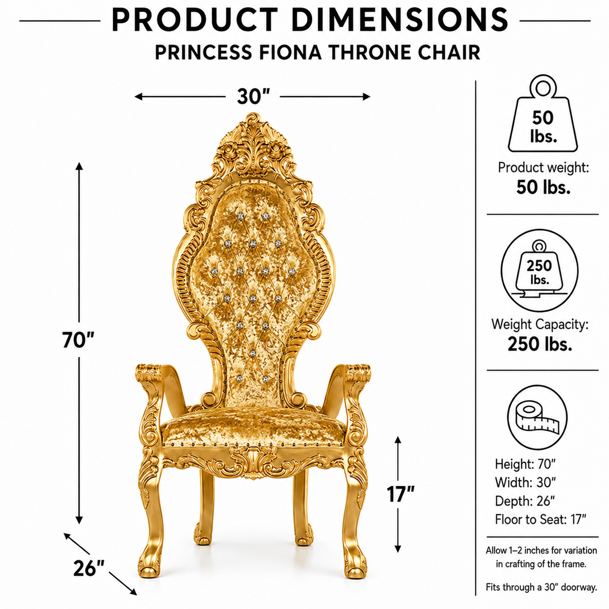 Product dimensions diagram for a gold ornate throne chair labeled 'Princess Fiona Throne Chair' on a white background, with height, width, depth, weight, and weight capacity information shown alongside.