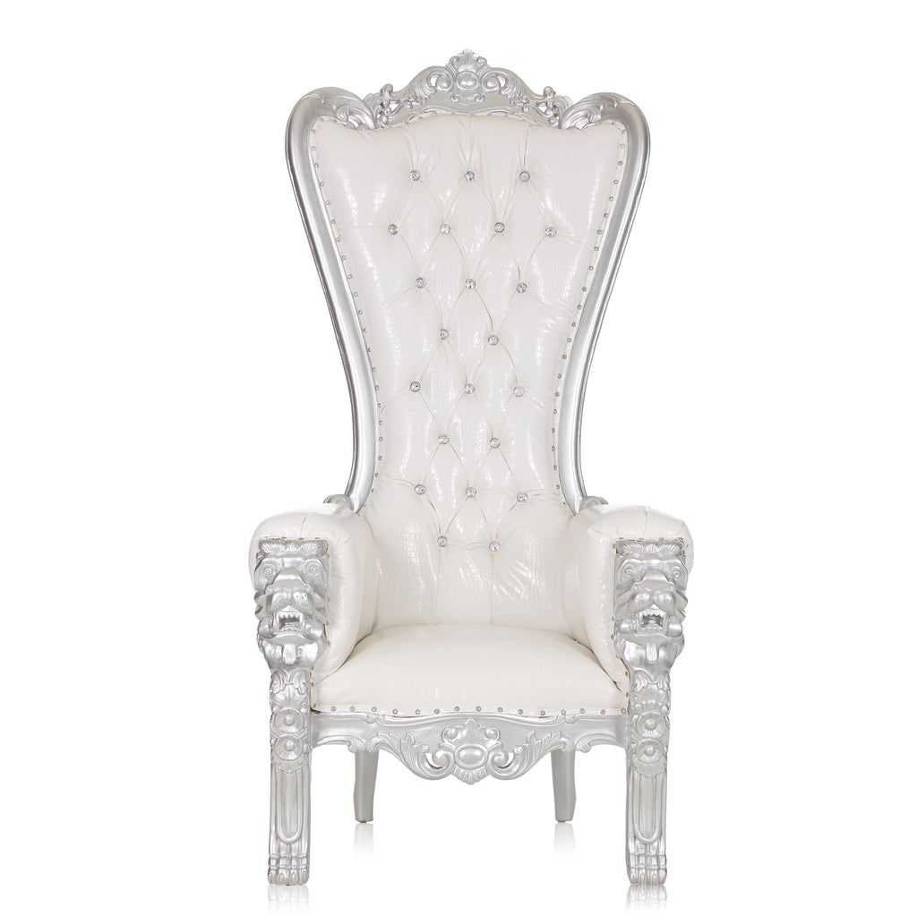 "Queen Tiffany" Lion Throne Chair - White Croc Print / Silver
