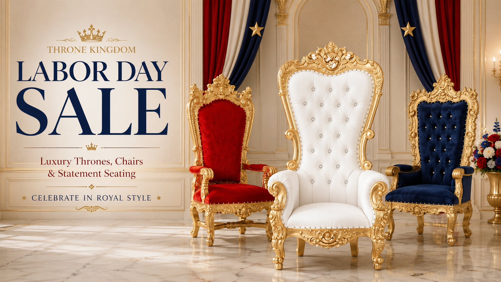 Throne Kingdom Labor Day Sale featuring luxury red, white and blue throne chairs with ornate gold frames