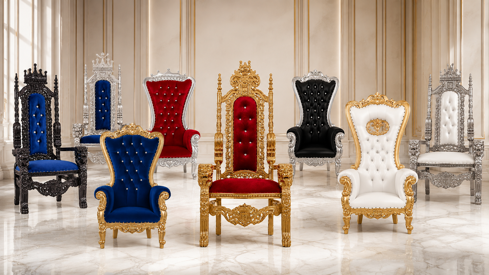Luxury throne chair sale collection featuring ornate gold, silver, and black frames with red, blue, black, and white upholstery in an elegant showroom.