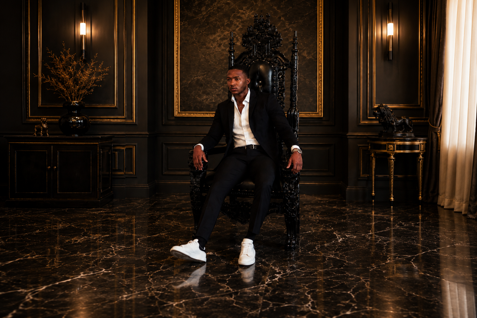 Black Throne Chairs & Royal Furniture Background Image