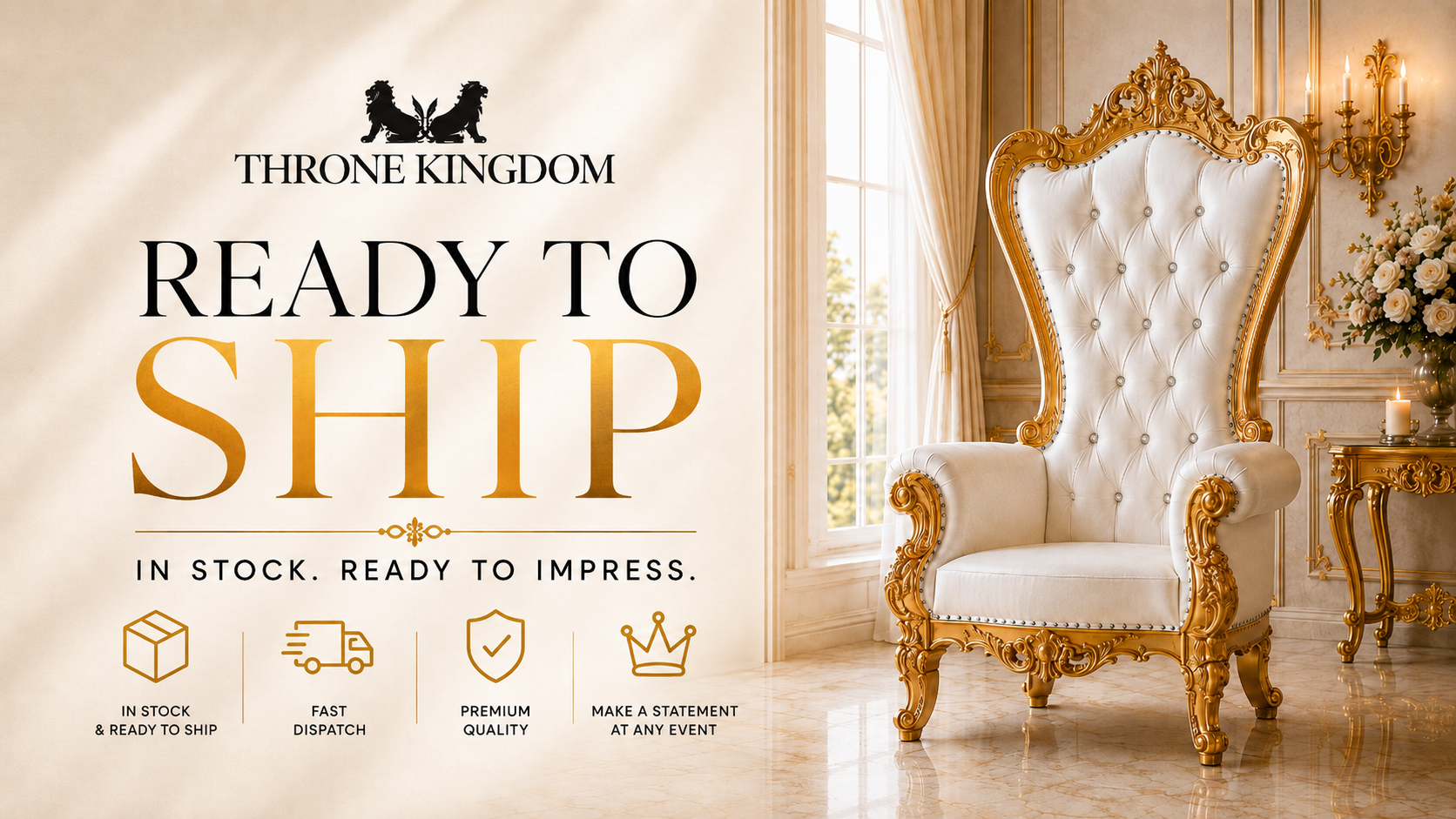 Ready to Ship throne chairs in stock at Throne Kingdom, featuring a luxury white and gold royal throne
