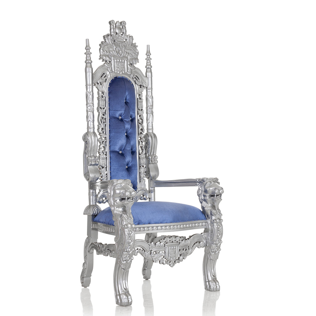 "King David" Lion Throne Chair - Satin Blue Velvet / Silver