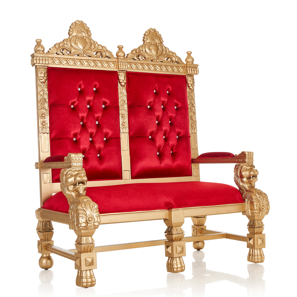 "King Samuel" Lion Love Seat Throne Chair - Bright Red Velvet / Gold