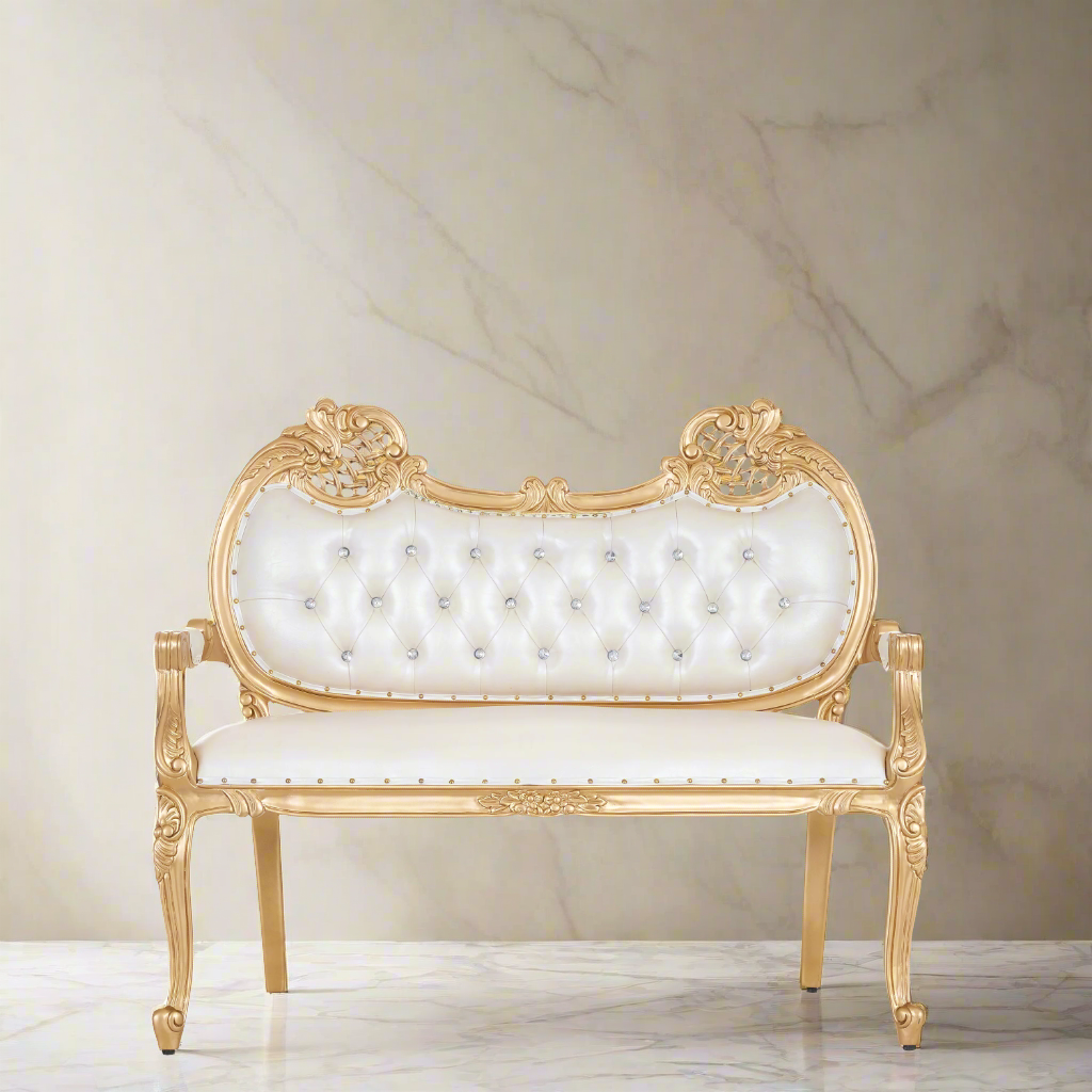 "Adela" Royal Sofa Bench- White / Gold