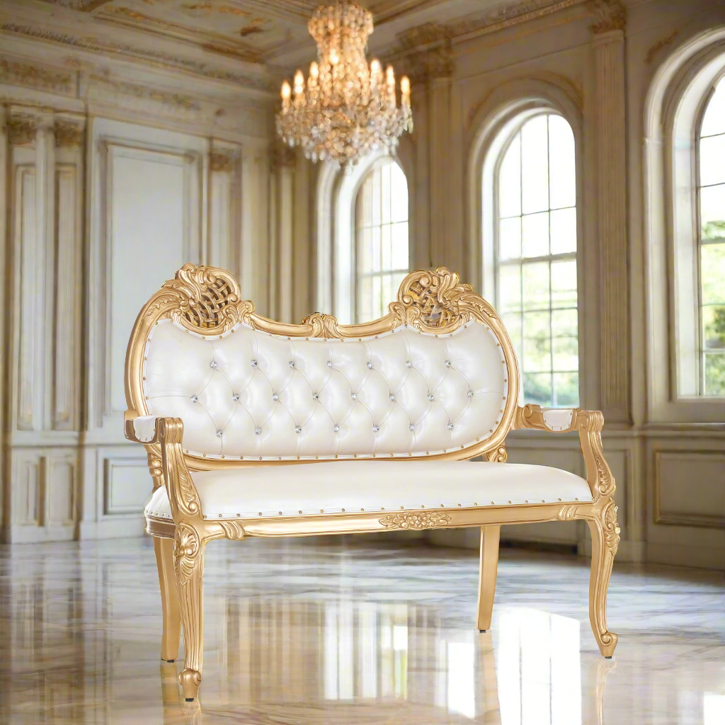 "Adela" Royal Sofa Bench- White / Gold