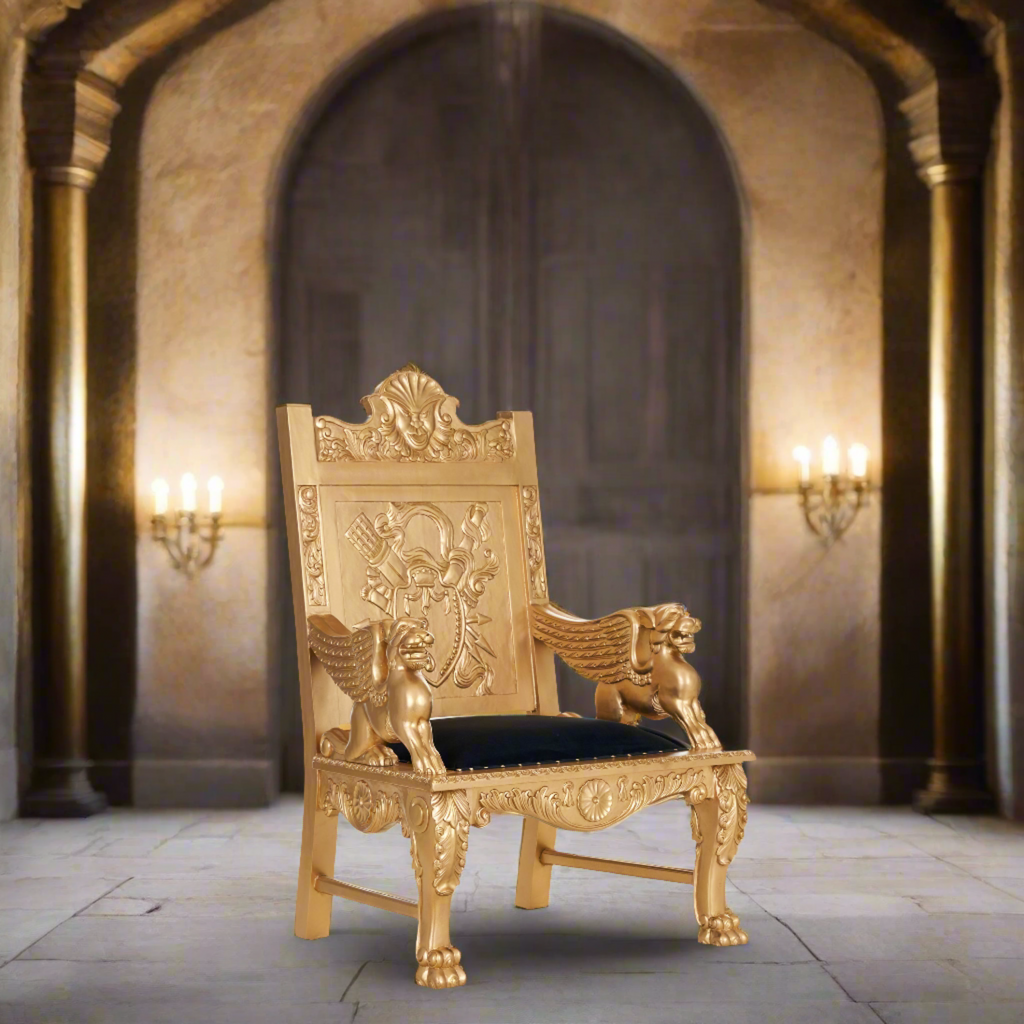 "King Maurice" Lion Head Arm Throne Chair - Black Velvet / Gold