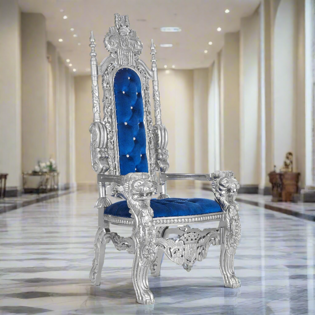 "King David" Lion Throne Chair  - Royal Blue / Silver
