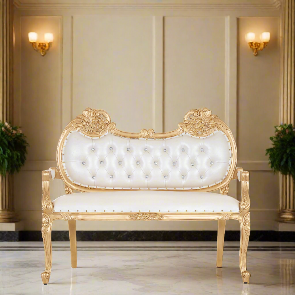 "Adela" Royal Sofa Bench- White / Gold