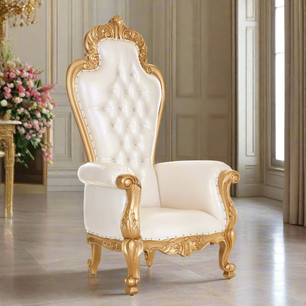 "Reina" Royal Arm Throne Chair - White / Gold