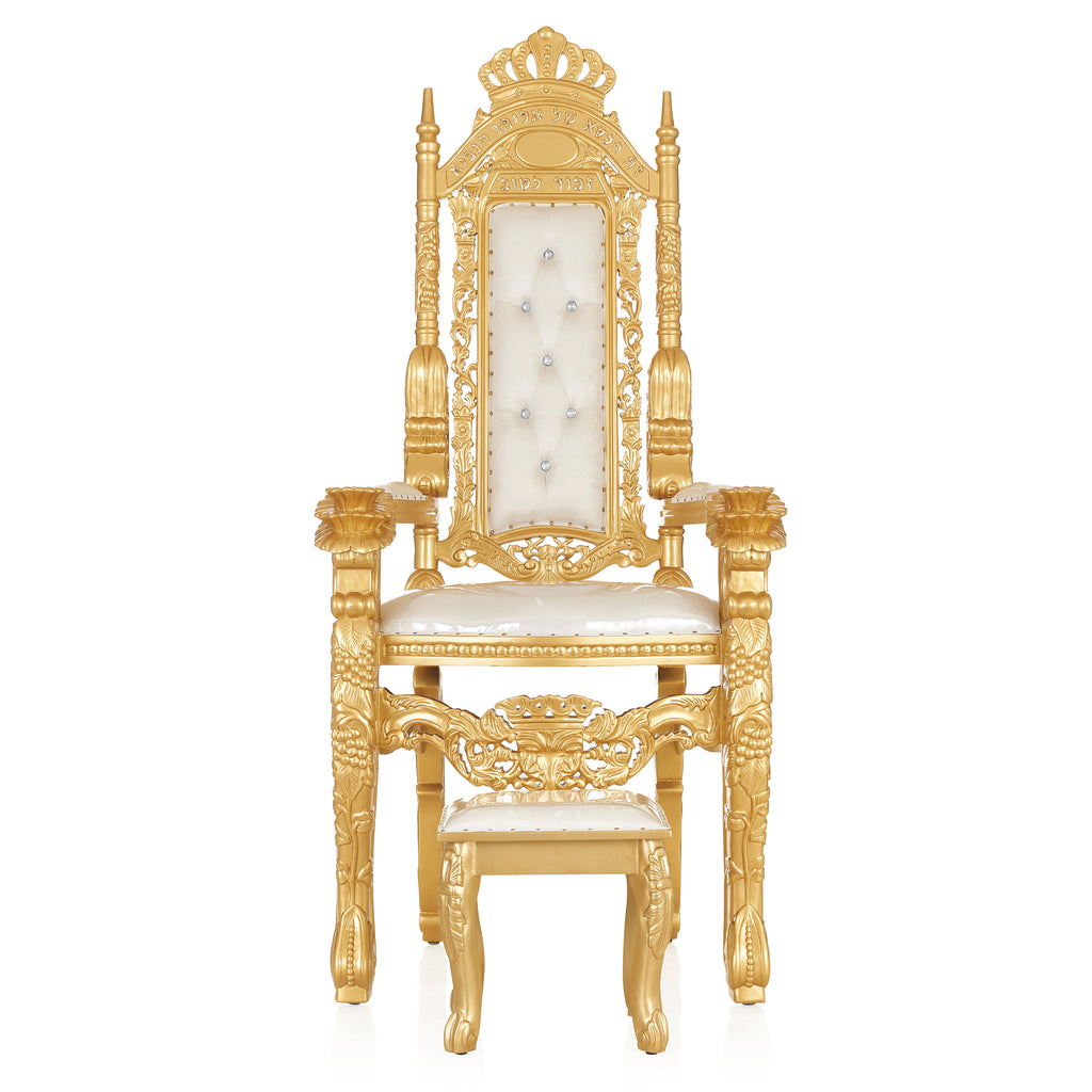 "Elijah The Prophet" Throne Chair With Stool  - White Velvet / Gold