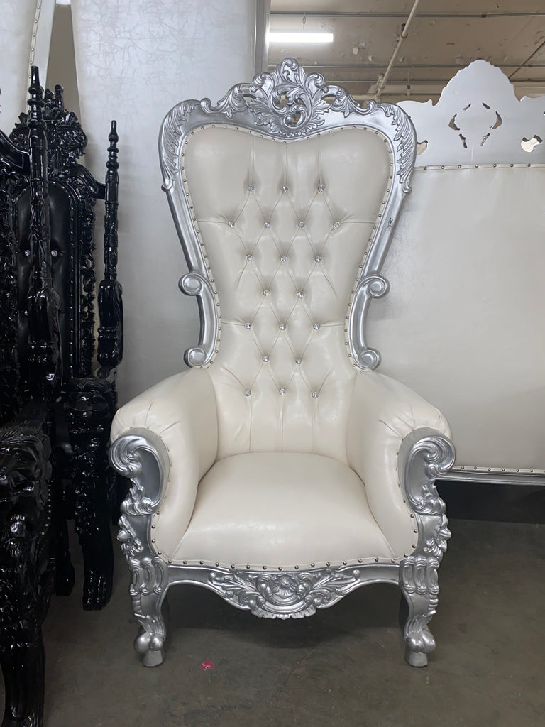 "Tamira" Queen Throne Chair - White / Silver