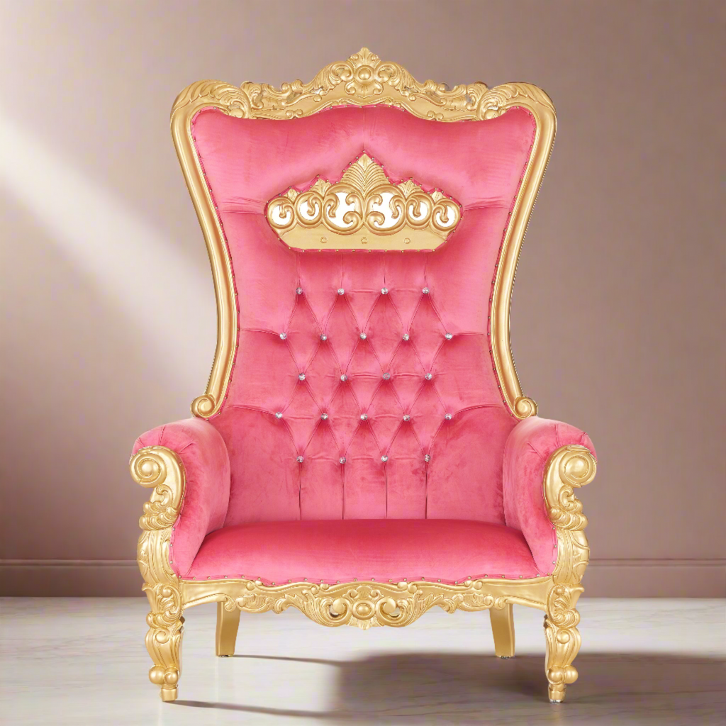“Crown Tiffany" Extra Wide Throne Chair - Pink Velvet / Gold