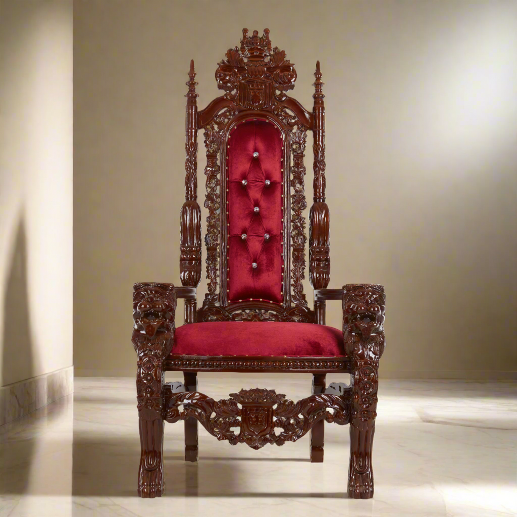 "King David" Lion Throne Chair - Red Velvet / Brown