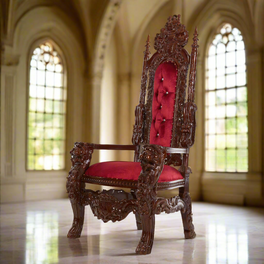 "King David" Lion Throne Chair - Red Velvet / Brown