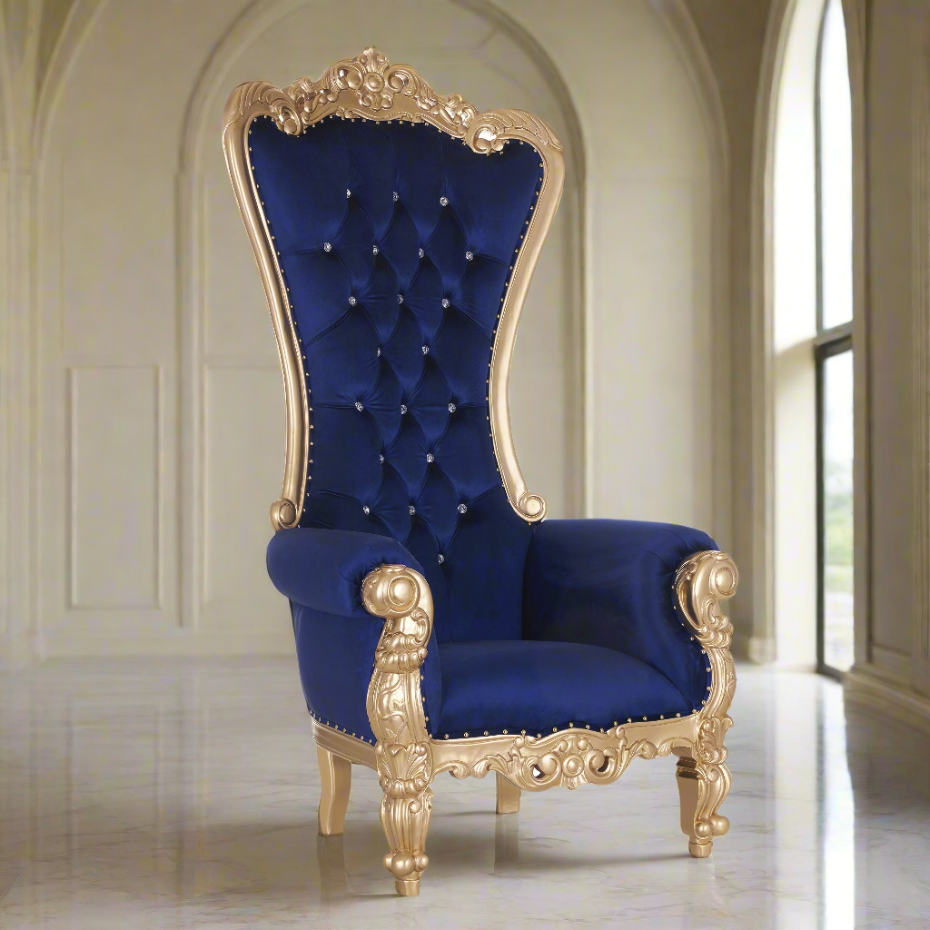 "Queen Tiffany" 2.0 Throne Chair - Royal Blue Velvet / Gold