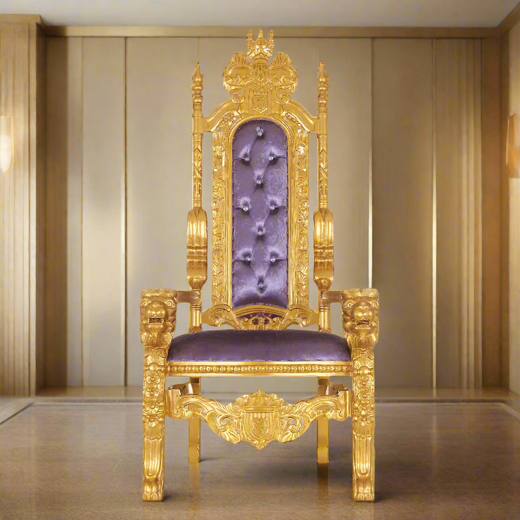 "King David" Crown Lion Throne Chair - Crushed Light Purple Velvet / Gold