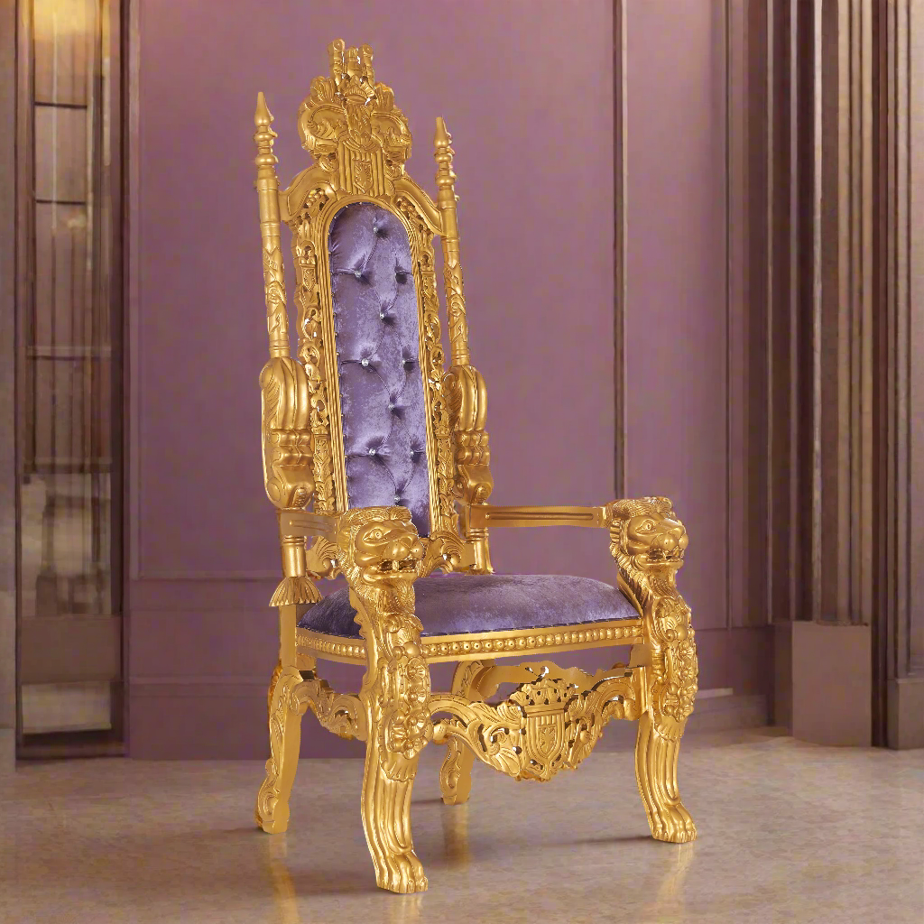 "King David" Crown Lion Throne Chair - Crushed Light Purple Velvet / Gold