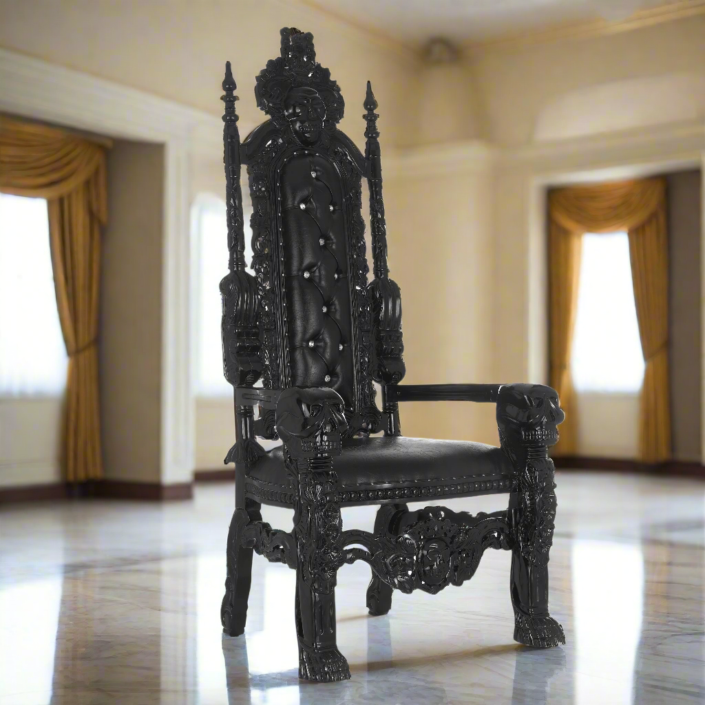 "King David" Skull Face Throne Chair - Black / Black VELVET