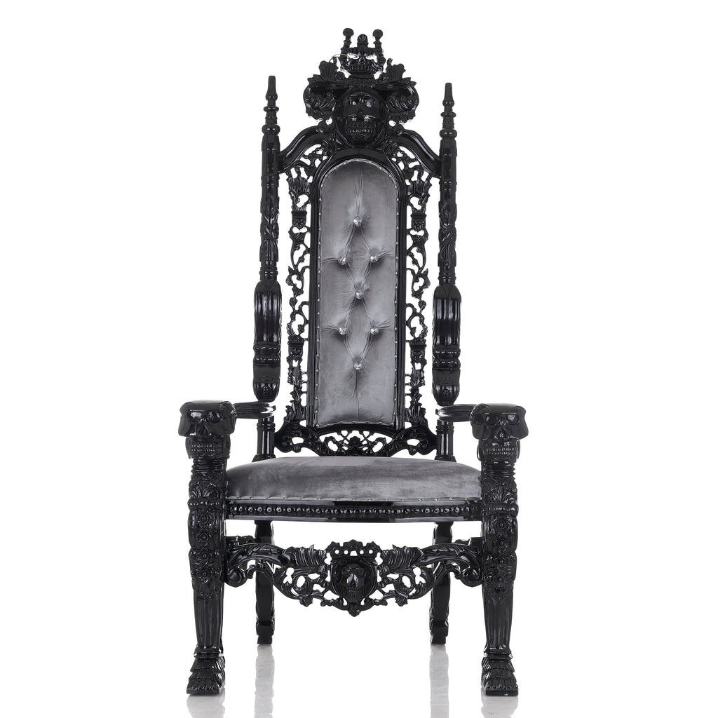 "King David" Skull Face Throne Chair - Silver Velvet / Black