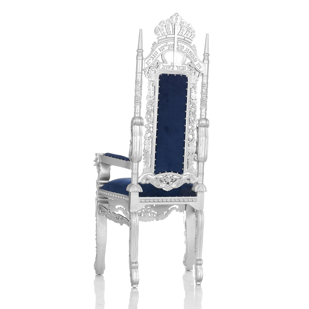 "King David" Elijah The Prophet Throne Chair With Bench Stool - Royal Blue Velvet / Silver