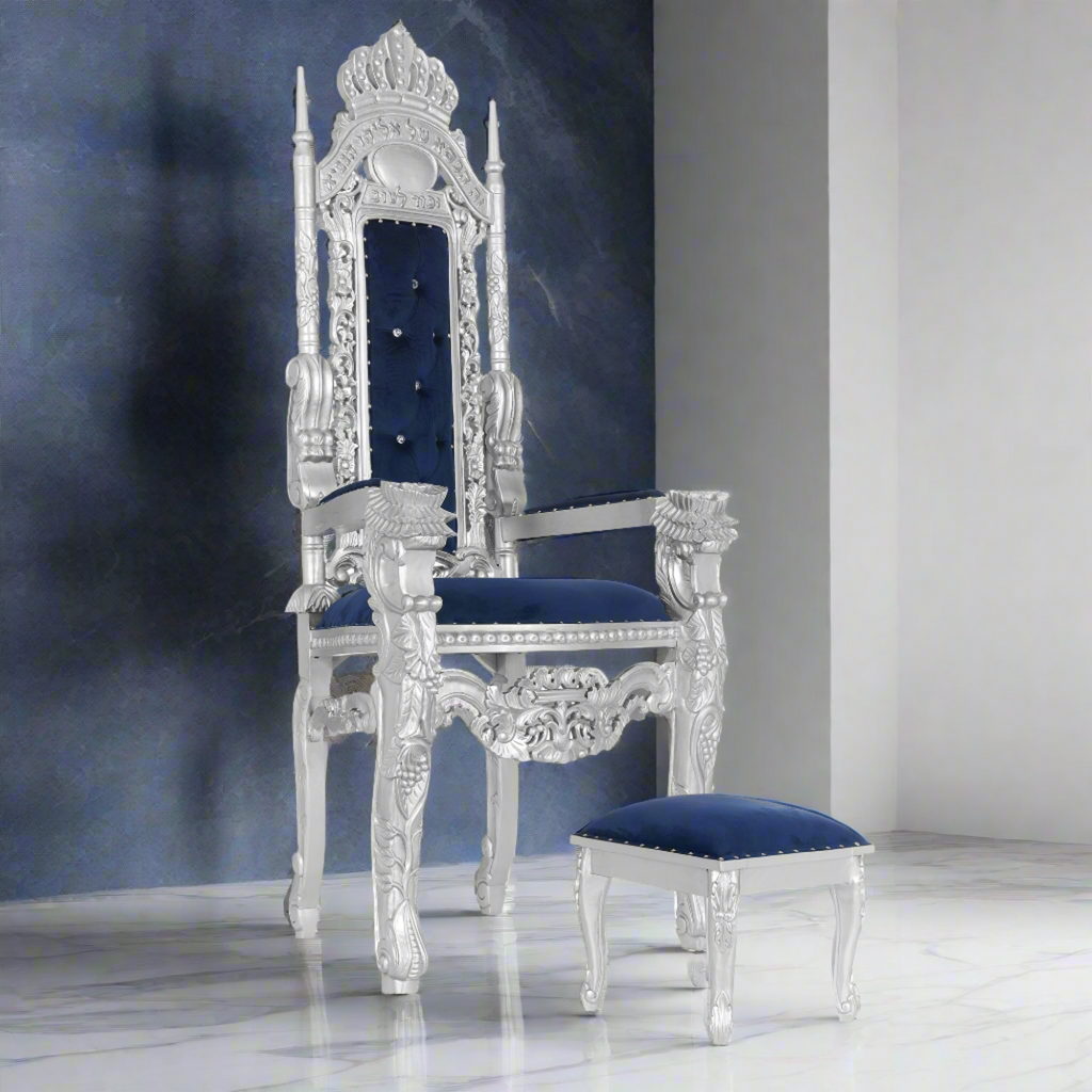 "Elijah The Prophet" Throne Chair With Stool - Blue Velvet / Silver