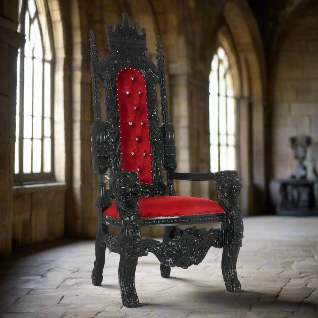 "King David" Crown Lion Throne Chair - Red Velvet / Black