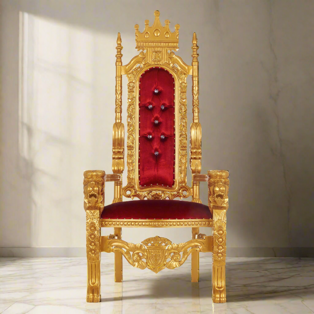 "King David" Crown Throne Chair - Red Velvet / Gold