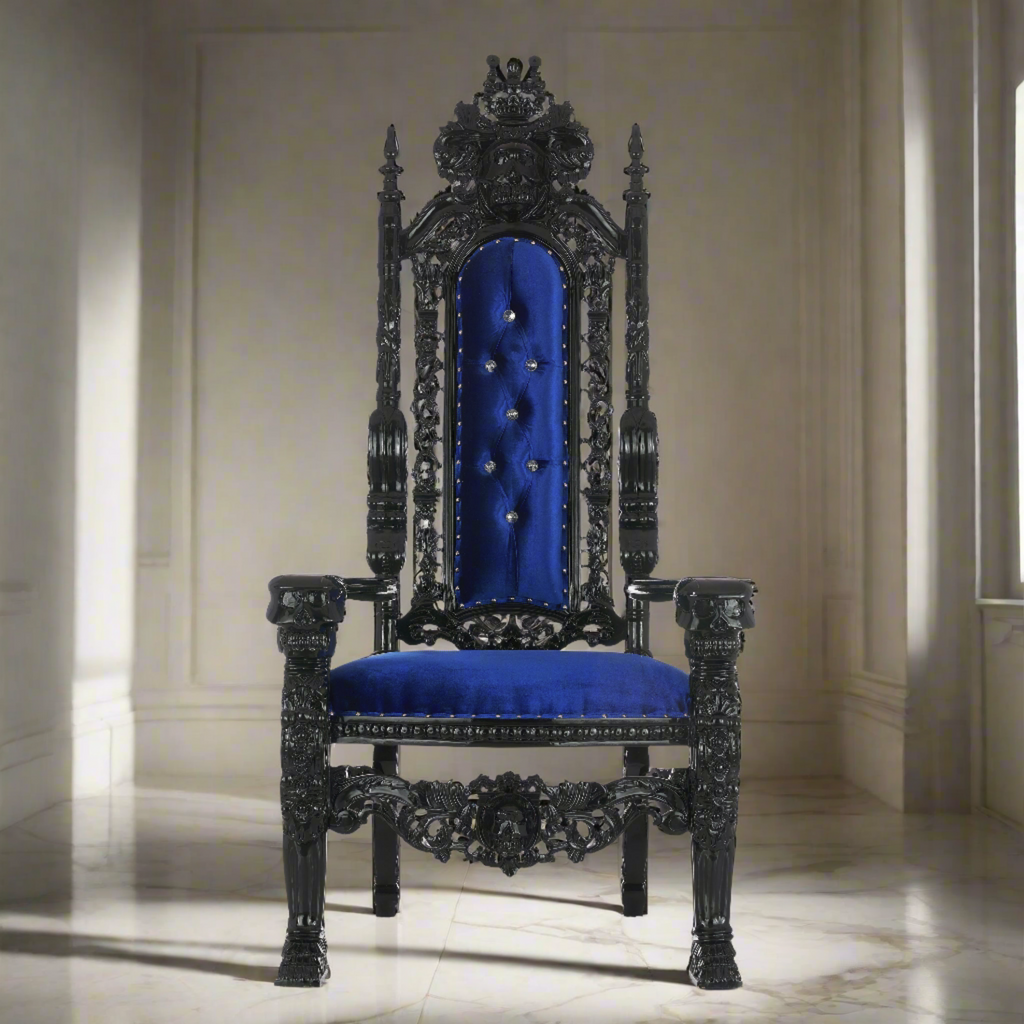 "King David" Skull Face Throne Chair - Blue Velvet / Black