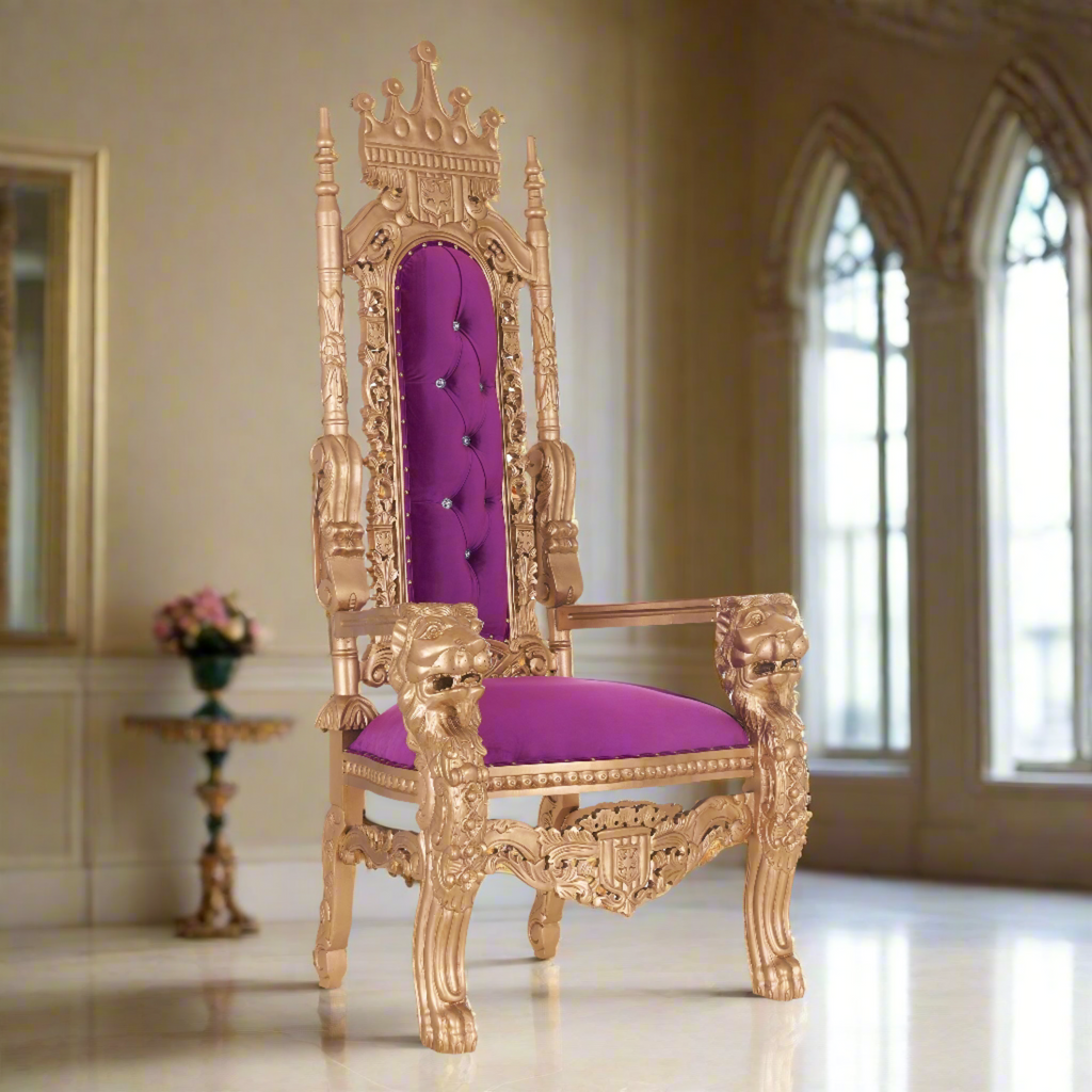 "King David" Crown Lion Throne Chair - Purple Velvet / Gold