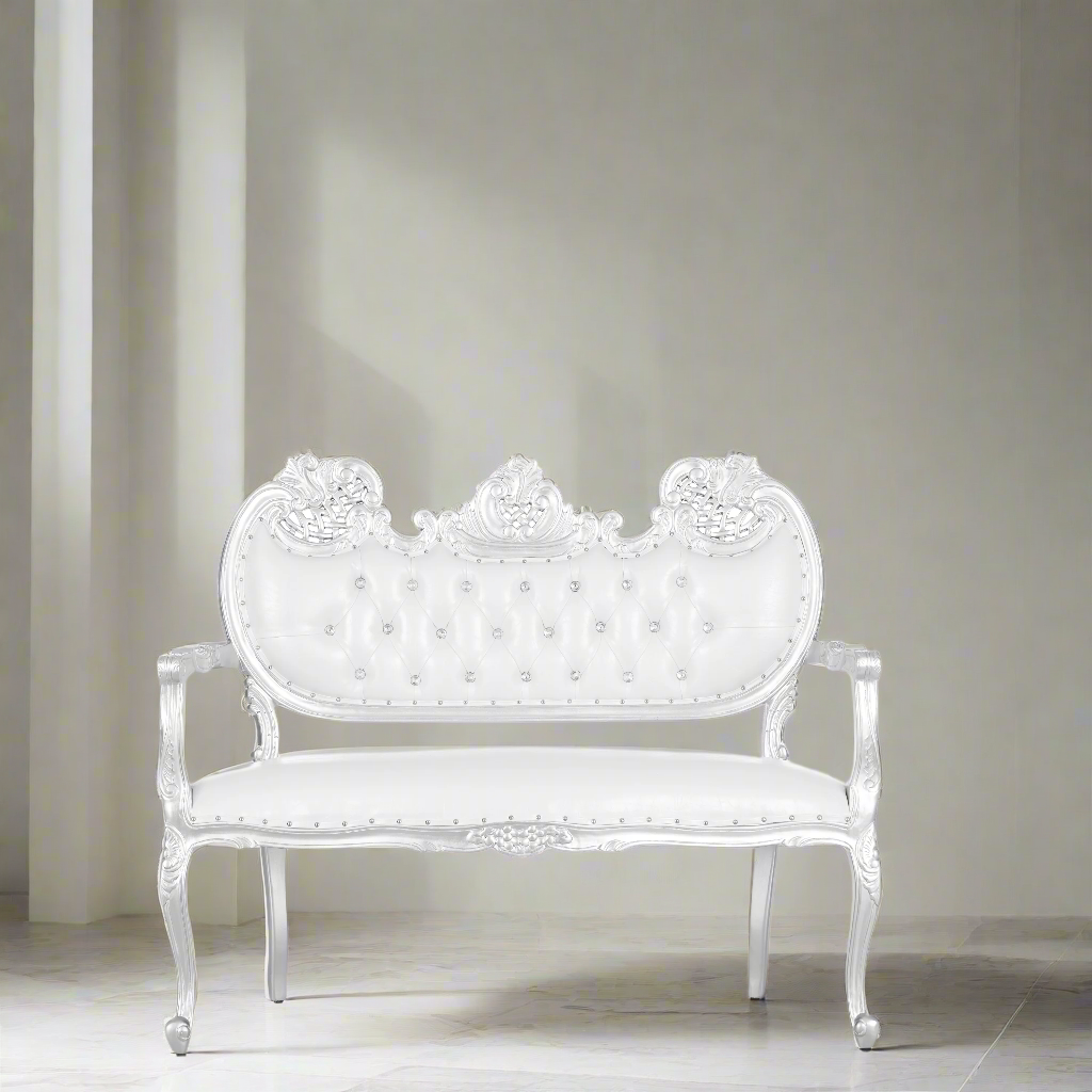 "Adela" Royal Sofa Bench- White / Silver