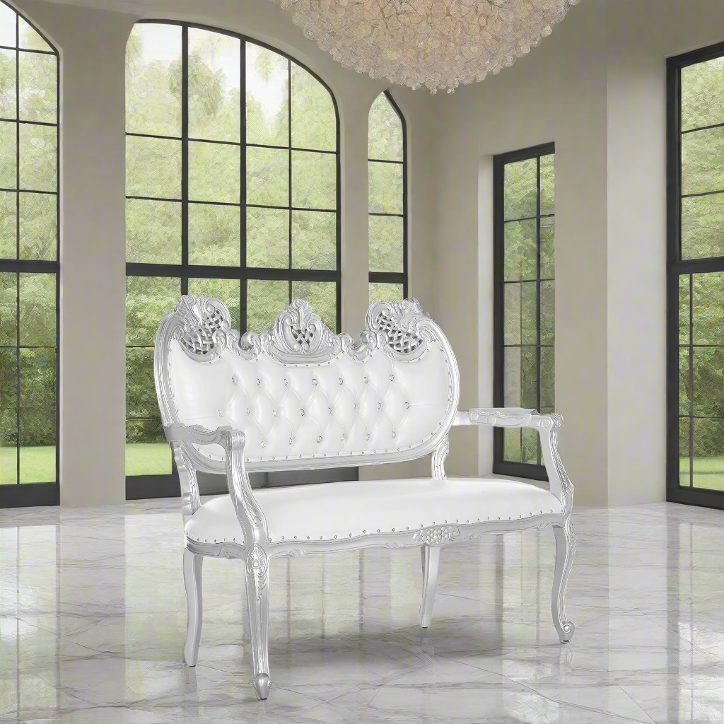 "Adela" Royal Sofa Bench- White / Silver