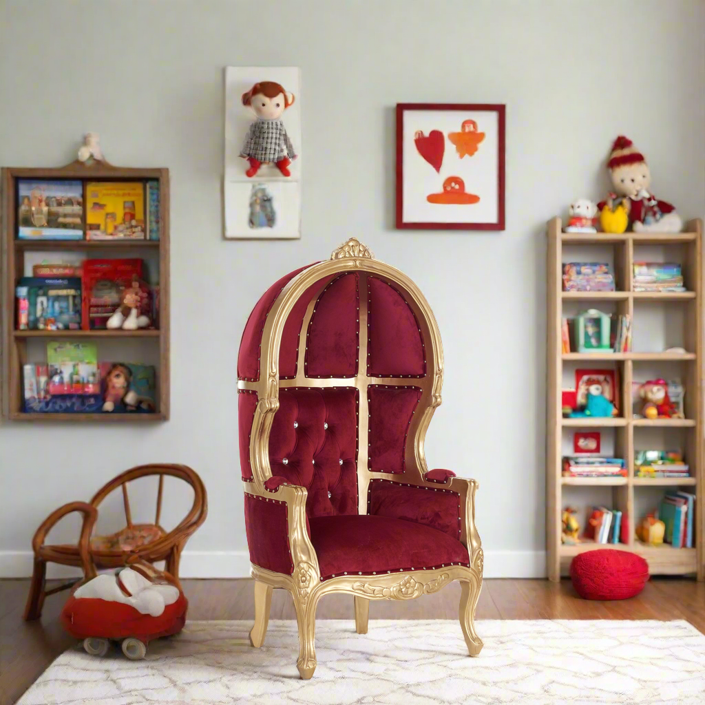 "Mini Canopy" Kids Throne Chair - Red Velvet / Gold