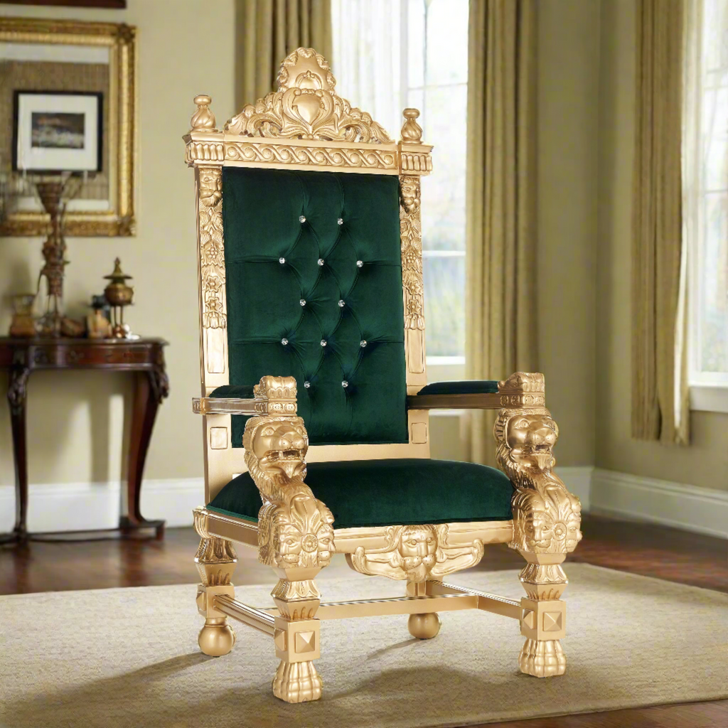 "King Samuel 68" Lion Throne Chair - Green Velvet / Gold