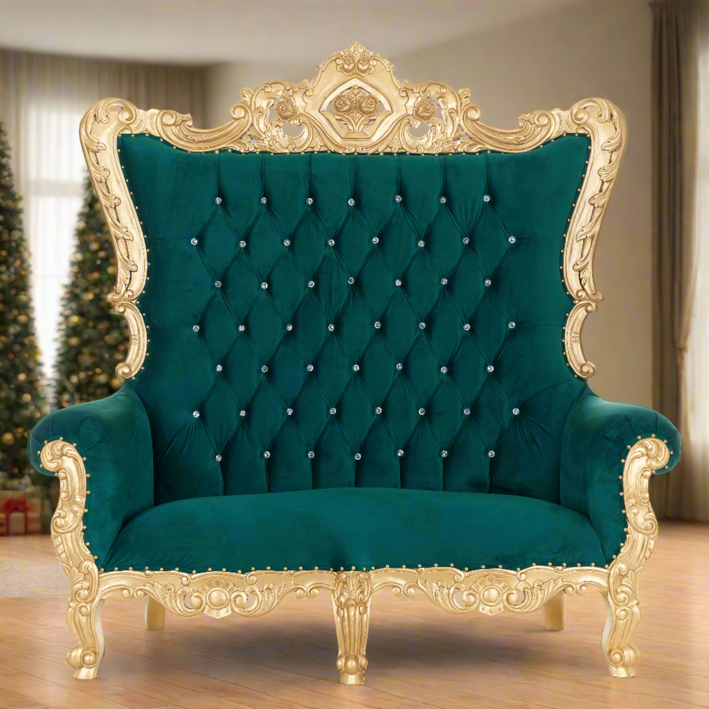 "King Caroleous" Royal Love Seat Throne - Green Velvet / Gold