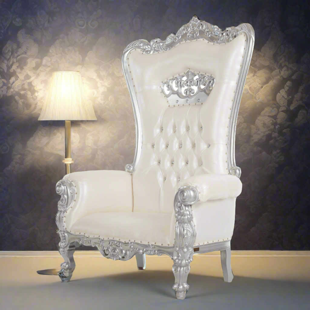 "Crown Tiffany" Extra Wide Throne Chair - White / Silver