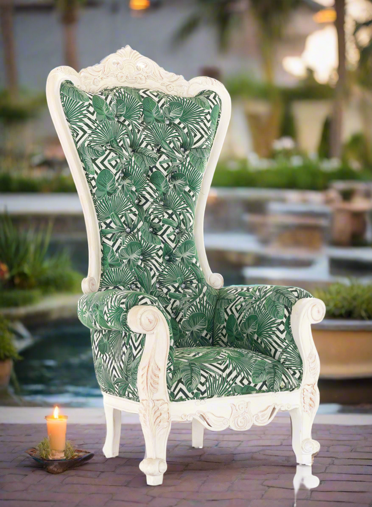 "Queen Tiffany"  Throne Chair - Tropical Print / Rustic White