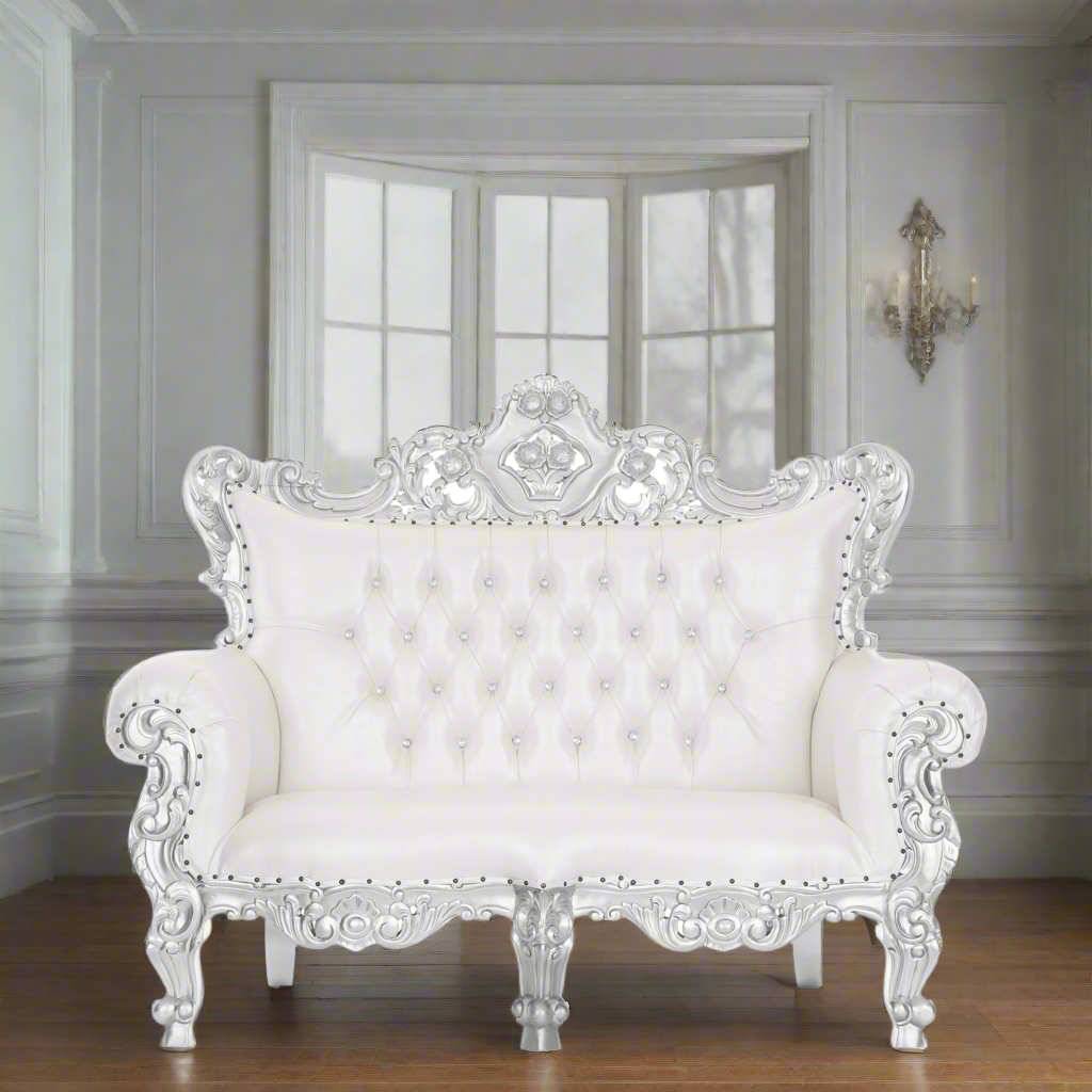 "Farrah" Royal Love Seat Sofa - White / Silver